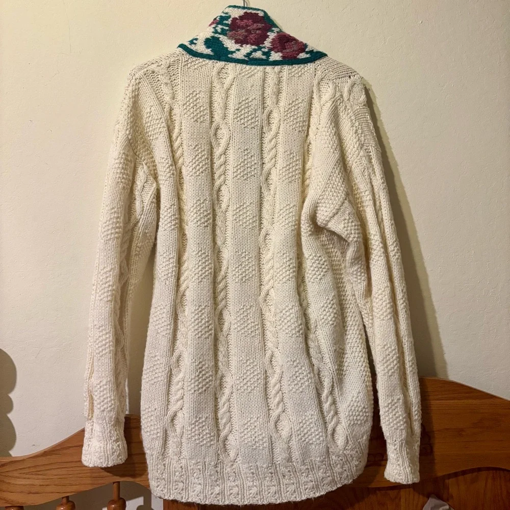 Vintage Lady Foot Locker Knitted Cream Floral Sweater Cable Knit Cardigan LARGE - Picture 5 of 10